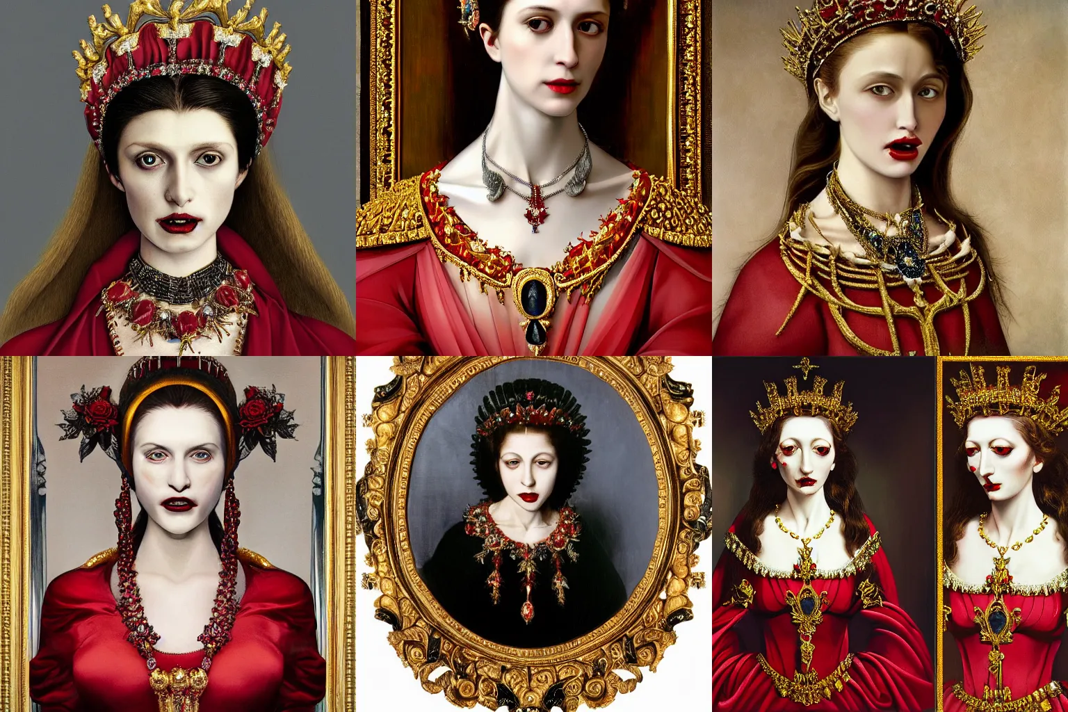 Image similar to A extremely highly detailed majestic hi-res beautiful immaculate head and shoulders painting of a beautiful bloody vampire woman with fangs wearing a long royal red silk dress, the crown jewels is on her head and around her neck is a ornate golden necklace decorated with diamonds and rupees by Michelangelo Merisi da Caravaggio, high detail, hyperrealistic, photorealistic, octante render, cinematic, high textures, royaltly, royal, hyper sharp, 4k insanely detailed and intricate, hypermaximalist, 8k, hyper realistic, super detailed, 4k HDR hyper realistic high,