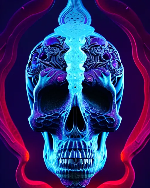 Image similar to 3 d ornate carved dark cosmic skull with profile portrait, sigma 5 0 0 mm f / 5. beautiful intricate highly detailed aquarium bioluminescent, plasma, lava, ice, water, wind, creature, thunderstorm! artwork by tooth wu and wlop and beeple and greg rutkowski, 8 k trending on artstation