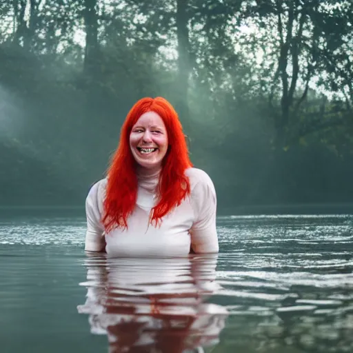 Image similar to tall beautiful red haired scottish woman, smiling on a raft in a lake, 4 k, early morning, mist, photorealism, professional photography