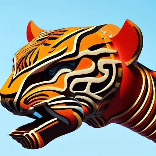 Image similar to coloured sculpture breathtakingly cool beautiful stylised mayan ornate biomechanical tiger, isometric perspective, 8 k