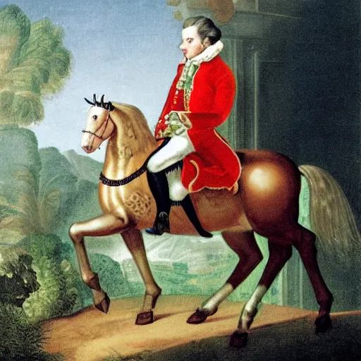 Image similar to Mozart riding a horse.