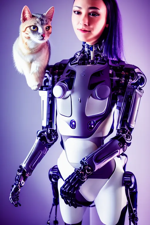 Image similar to cybernetic high tech catgirl with a cybercat on her head, sci - fi, cyberpunk, futurism, exoskeleton, strong artificial intelligence, symmetry, cinematic, elegant, luxury, professional studio light, perfect composition, dlsr photography, sharp focus, 8 k, ultra hd, sense of awe, highly detailed, hyper realistic, intricate, science journal cover