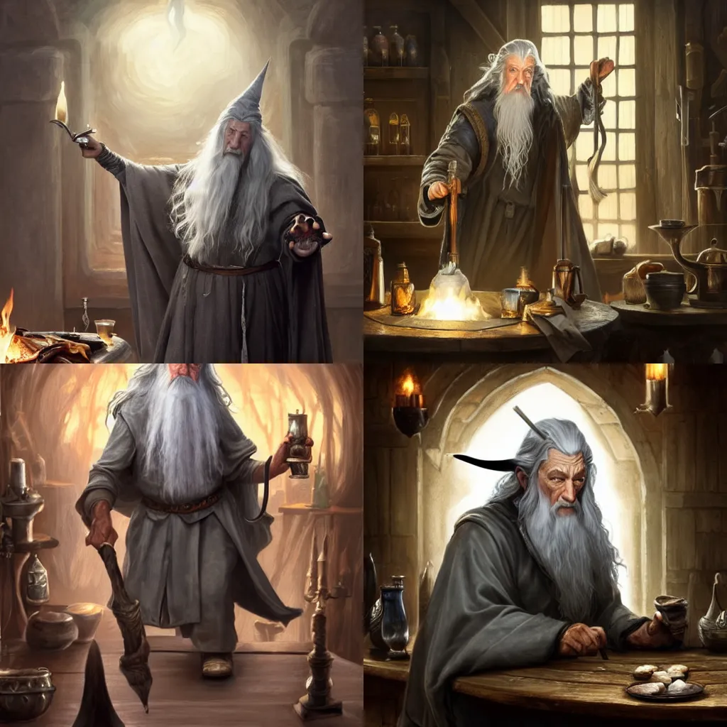 Prompt: Gandalf the grey dancing on a table in a tavern next to the firepit, fantasy, intricate, elegant, highly detailed, digital painting, artstation, concept art, matte, sharp focus, illustration, hearthstone, art by Artgerm and Greg Rutkowski and Alphonse Mucha