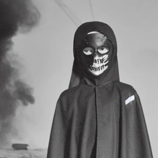 Prompt: A boy wearing a cape and mask, with a haunted look in his eyes, stands in front of a burning building