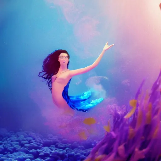 Image similar to beautiful realistic woman dancing underwater wearing a flowing dress made of blue, magenta, and yellow seaweed, delicate coral sea bottom, swirling silver fish, swirling smoke shapes, octane render, caustics lighting from above, cinematic