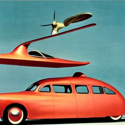 Prompt: 1 9 5 0 s prototype flying car, 1 9 5 0 s commercial