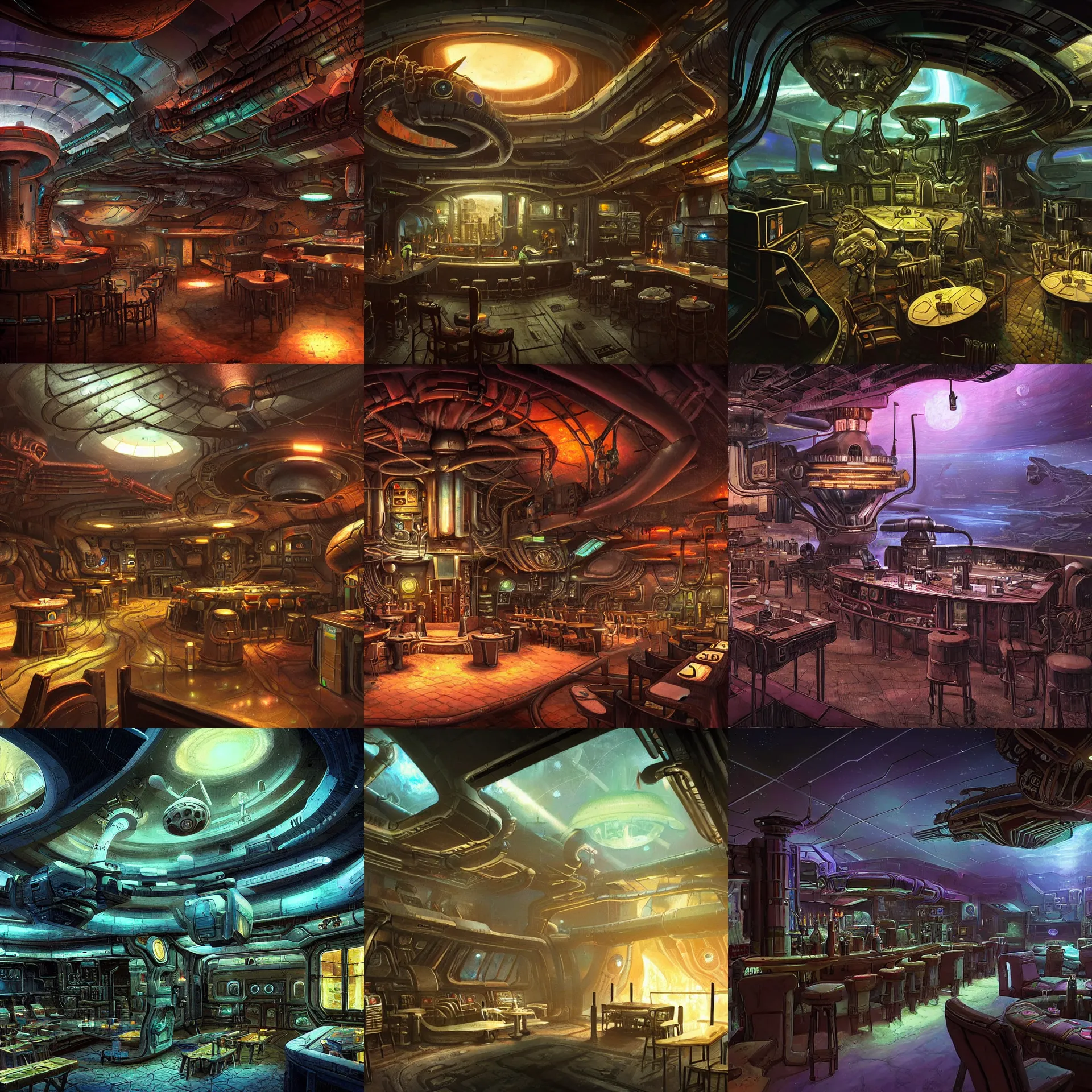 Prompt: in a bar in a remote outpost, on an alien planet, from a space themed point and click 2 d graphic adventure game, set design inspired slightly by hg giger and ridley scott and tomb raider, art inspired by thomas kinkade