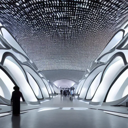 Prompt: extremely detailed stunning beautiful futuristic museum interior by Zaha Hadid