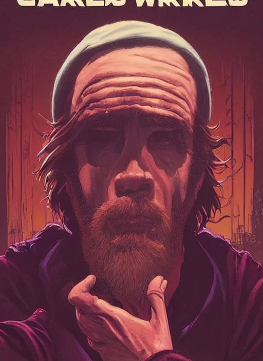 Image similar to poster artwork by Michael Whelan and Tomer Hanuka, Karol Bak of Chuck Norris is the local homeless man in the small town, from scene from Twin Peaks, clean