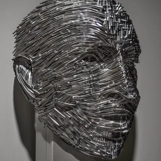 Image similar to sculpture of a head made from stainless steel staples, museum art, high concept, photorealistic, high resolution, dramatic lighting, modern art