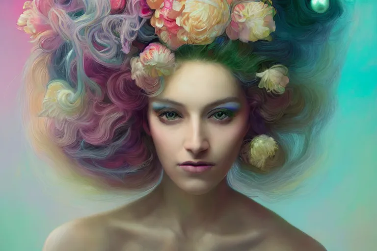 Prompt: Portrait of a beautiful goddess with pastel massive hairs blending flowers and luminous pearls by artist Nina Masic and artist Noah Bradley, trending on artstation, vivid color, portrait, Paradoxal background by Gerald Brom and Alessio Albi, sense of awe, trending on artstation, crystal color, 4k
