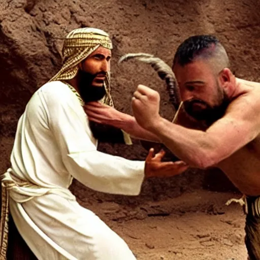 Image similar to cinematic still of angered middle eastern skinned man in ancient Canaanite clothing stabbing another middle eastern skinned man in ancient Canaanite clothing, Biblical epic by Christopher Nolan