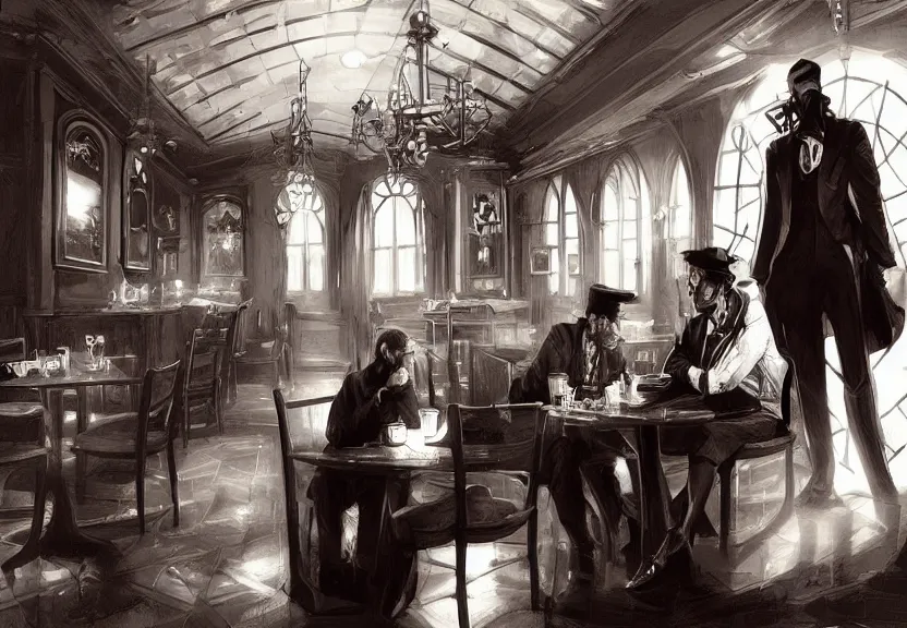 Image similar to the devil demon and a handsome Frenchman sitting in a Irish pub, film noir style, black and white and red colors, establishing shot, highly detailed, digital painting, artstation, concept art, smooth, sharp focus, illustration, Unreal Engine 5, 8K, art by artgerm and greg rutkowski and alphonse mucha