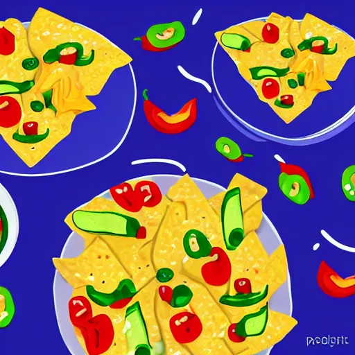 Prompt: photorealistic adobe illustration nachos with cheese and jalapeno illustrations, white background, drawing, cartoon