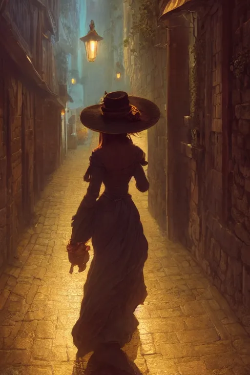 Image similar to A girl with big hat walking through the streets of a medieval village at night, glowing lights, oil painting, Greg Rutkowski, gustave doré, alphonse mucha, frank frazetta, unreal 5, hyperrealistic, cinematic view, octane render, RPG portrait, dynamic lighting, fantasy art, beautiful face