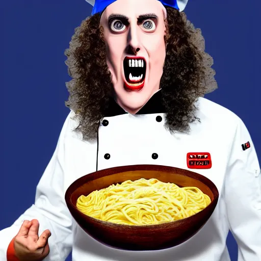 Image similar to a crazed weird al wearing a chef's hat and uniform with half of his lower body inside a bowl of alfredo, realistic, hyperrealistic, ultra realistic, real, real world, highly detailed, very detailed, extremely detailed, intricate details, 8 k resolution, hd quality