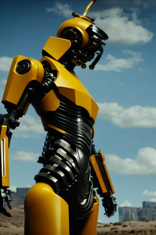 Image similar to a cinematic still from westworld, full body yellow mech bumblebee, octane render, nvidia raytracing demo, masterpiece, aged armor plating, aggressive head,