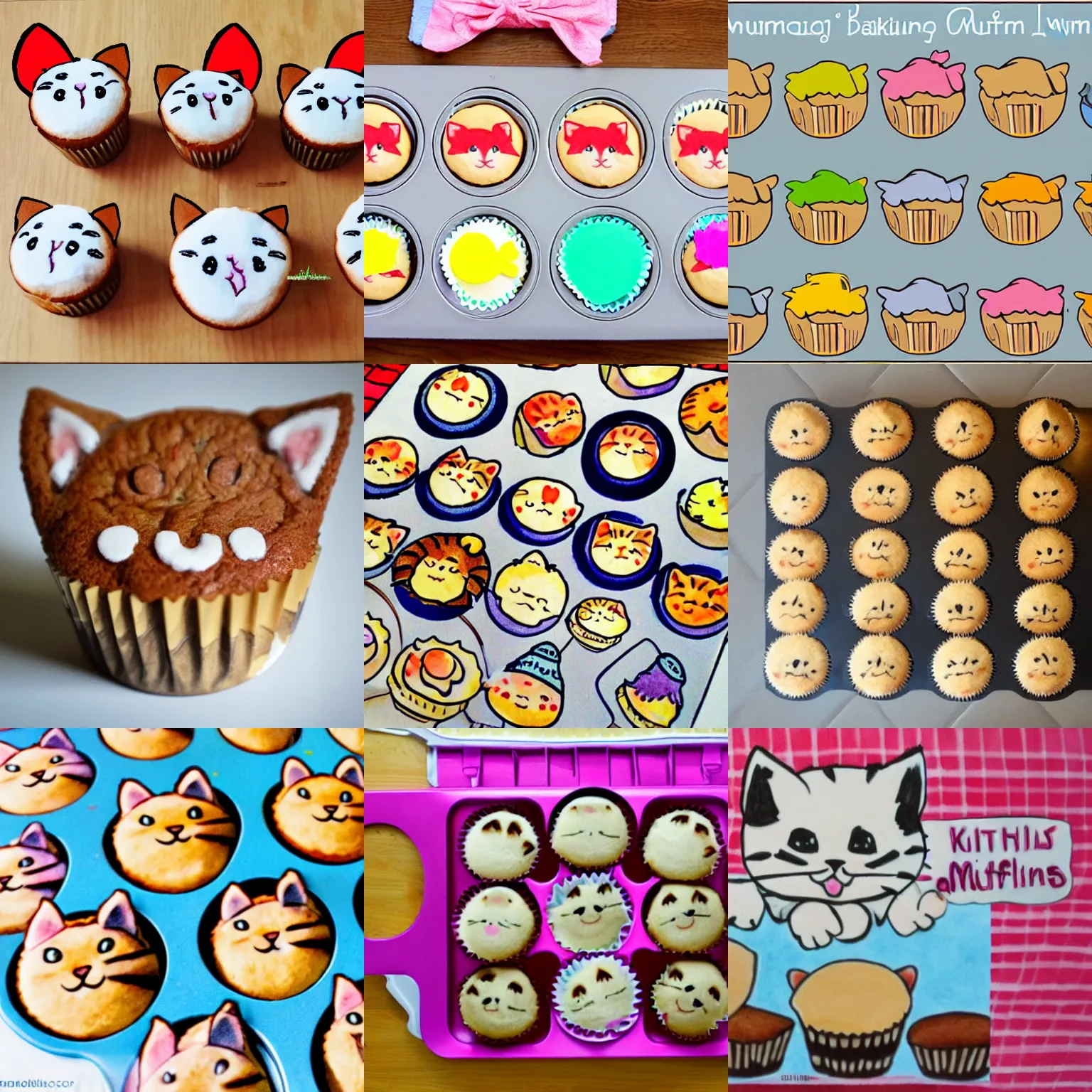 Prompt: kitten baking muffins, childrens drawing,