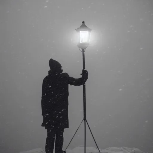 Image similar to a man holds a lantern, snowstorm, alien landscape, foggy, cold, view from the distance, black and white vintage photo