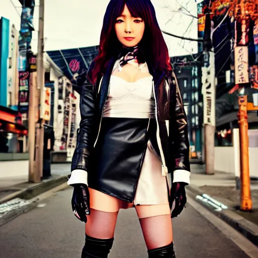 Image similar to a dynamic, epic cinematic 8K HD movie shot of a japanese beautiful cute young J-Pop idol actress yakuza rock star girl wearing leather jacket, miniskirt, nylon tights, high heels boots, gloves and jewelry. Motion, VFX, Inspirational arthouse, at Behance, with Instagram filters