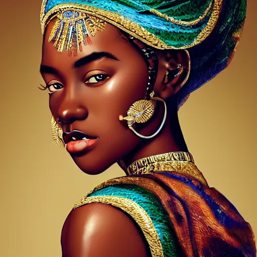 Image similar to A masterpiece portrait of a Incredibly beautiful African girl model in European royal barocco clothes. With big rich jewelry. In Queen\'s crown. Vogue. trending on artstation, digital art, by Stanley Artgerm Lau, WLOP, Rossdraws, James Jean, Andrei Riabovitchev, Marc Simonetti, Yoshitaka Amano