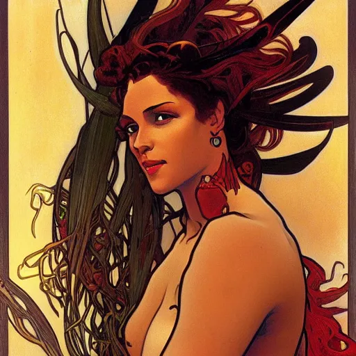 Prompt: portrait of Neytiri with tan skin and spiky red hair by Alphonse Mucha and Larry Elmore