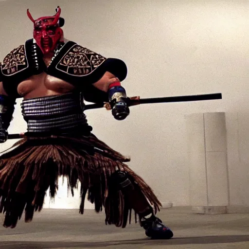 Prompt: big buff very strong very buff samurai wearing a cybernetic oni mask, hd movie still