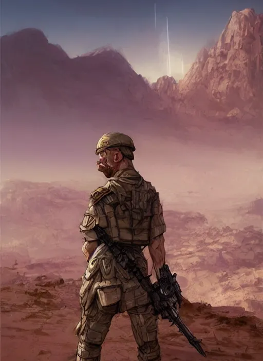 Image similar to purple lighting, detailed character concept illustration, white male strong muscular mature soldier with beard and short hair in a soldier uniform, desert with city in the background, sharp focus, illustration, highly detailed, digital painting, concept art, matte, art by wlop and artgerm and greg rutkowski, masterpiece