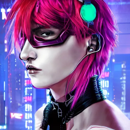 Image similar to detailed realistic cyberpunk female character cyberpunk wearing large steel collar around neck, realistic, art, beautiful, 4K, collar, choker, collar around neck, punk, artstation, detailed, female, woman, choker, cyberpunk, neon, punk, collar, choker, collar around neck, thick collar, choker around neck, wearing choker, wearing collar, bright neon punk hair, collar, choker,