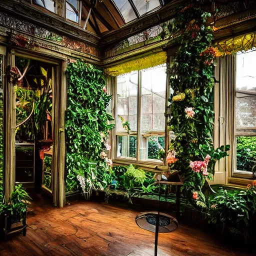 Image similar to a musical bedroom victorian greenhouse. The greenhouse is built into a giant oak tree, ornate, beautiful, atmosphere, vibe, volumetric, flowers, lighting,