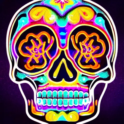 Image similar to “sugar skull made of chrome, neon lighting, digital art”