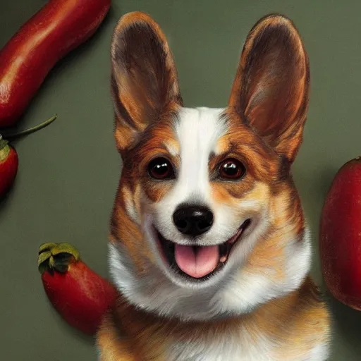 Image similar to portrait by giuseppe arcimboldo of a corgi dog made with fruits, cinematic lighting, hyper detailed, airbrush, 4 k