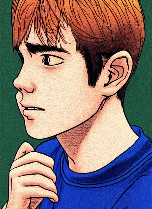 Image similar to portrait of teenage archie andrews, freckles, varsity jacket, intricate, highly detailed, illustration, art by junji ito, junji ito