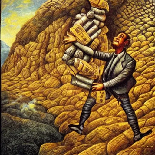 Image similar to Benjamin Netanyahu depicted as Sisyphus, carrying sacks of money up a mountain in hell, by Michael Cheval