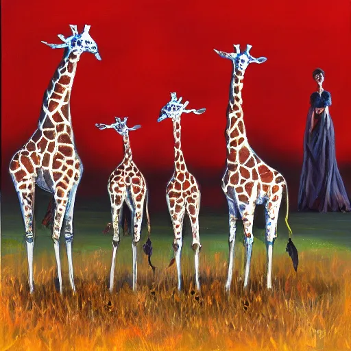 Prompt: I dreamed a dream of giraffe ghosts having a tee party, oil painting.