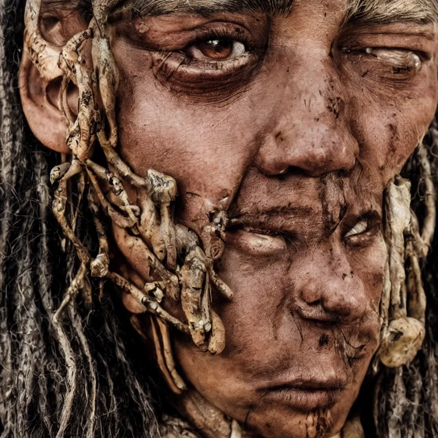 Image similar to extremely detailed award winning national geographic face portrait photography uncut centered and realistic from ancient mayan elder shaman warrior with terrifying face tattoos and heavy bone piercings . 64megapixel. 4k 8k. Photorealistic artwork. Influenced by the movie apocalypto. Landscape background what is slightly blurry and windy.