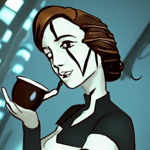 Image similar to photo of glados ( from portal ) drinking tea, realistic, sharp focus