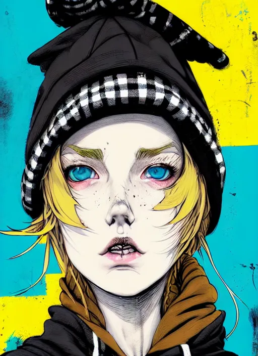 Prompt: highly detailed portrait of a sewer punk lady student, blue eyes, tartan hoody, hat, white hair by atey ghailan, by greg tocchini, by kaethe butcher, gradient yellow, black, brown and cyan color scheme, grunge aesthetic!!! ( ( graffiti tag wall flat colour background ) )