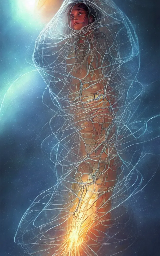 Prompt: human wrapped in a neural network cocoon plugged into spirit machine, perfect future, award winning scifi art