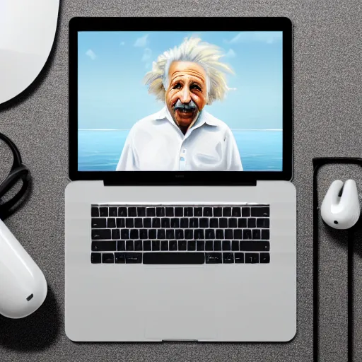 Prompt: Einstein working on beach with MacBook in AirPods digital art