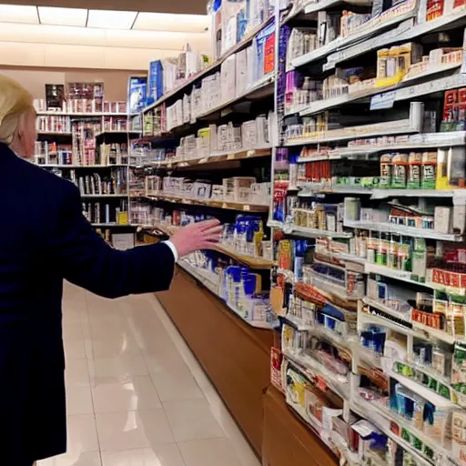 Prompt: photograph of donald trump at the pharmacy picking up adderall, photo by james cameron, amazing lighting