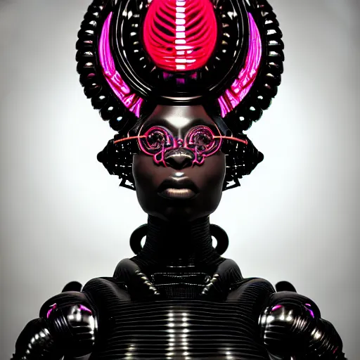 Image similar to portrait of an absurdly beautiful, graceful, sophisticated, fashionable black cyberpunk mechanoid gravure idol, hyperdetailed illustration by irakli nadar, maria borges, matt wisniewski style, intricate linework, dark black skin, neon jellyfish headdress, ivory carved ruff, unreal engine 5 highly rendered, global illumination, red light, detailed and intricate environment