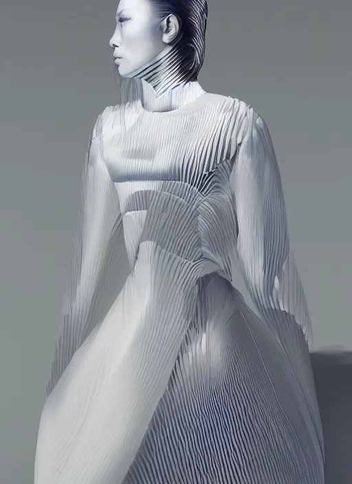 Image similar to a digital portrait by ichiro tanida and mitsuo katsui of an european girl detailed features wearing a cyber kimono latex suit wedding dress - synthetic materials, by issey miyake