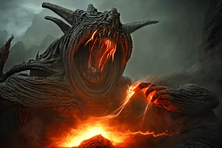 Image similar to movie still, balrog fighting gandalf at the bridge of khazad - dum, style of h. r. giger, fiery, dark, realistic movie still, cinematic, cgi,