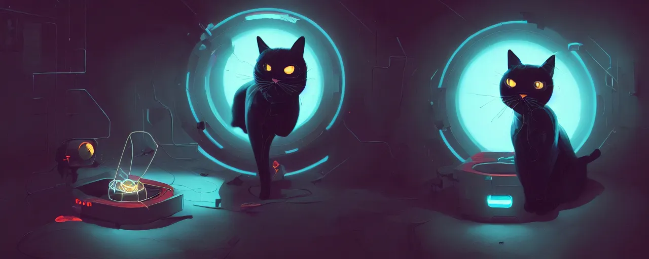 Prompt: duotone noir concept illustration portrait of black cat inside a quantum box glowing mesh, glowing eyes, octane render, surreal atmosphere, volumentric lighting. accidental renaissance. by sachin teng and sergey kolesov and ruan jia and heng z. graffiti art, scifi, fantasy, hyper detailed. trending on artstation