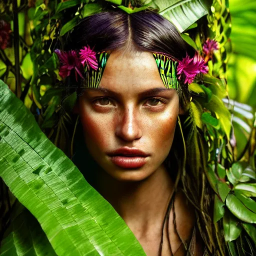 Image similar to photographic portrait of a stunningly beautiful amazonian tribal female face in amongst the jungle foliage, leaves, flowers, vines, contemporary fashion shoot, by edward robert hughes, annie leibovitz and steve mccurry, david lazar, jimmy nelsson, breathtaking, 8 k resolution, extremely detailed, beautiful, establishing shot, artistic, hyperrealistic, beautiful face, octane render