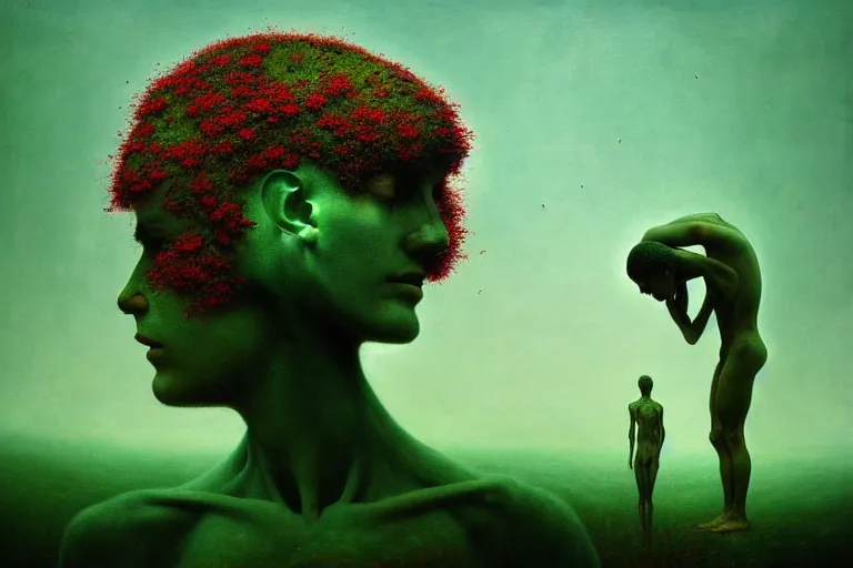 Prompt: imagination of surreal scene flower with broken human sculpture, in the style of beksinski, solarpunk, atmospheric, clean, intricate and epic composition, green by caravaggio, insanely quality, highly detailed, masterpiece, blue light, artstation, 4 k