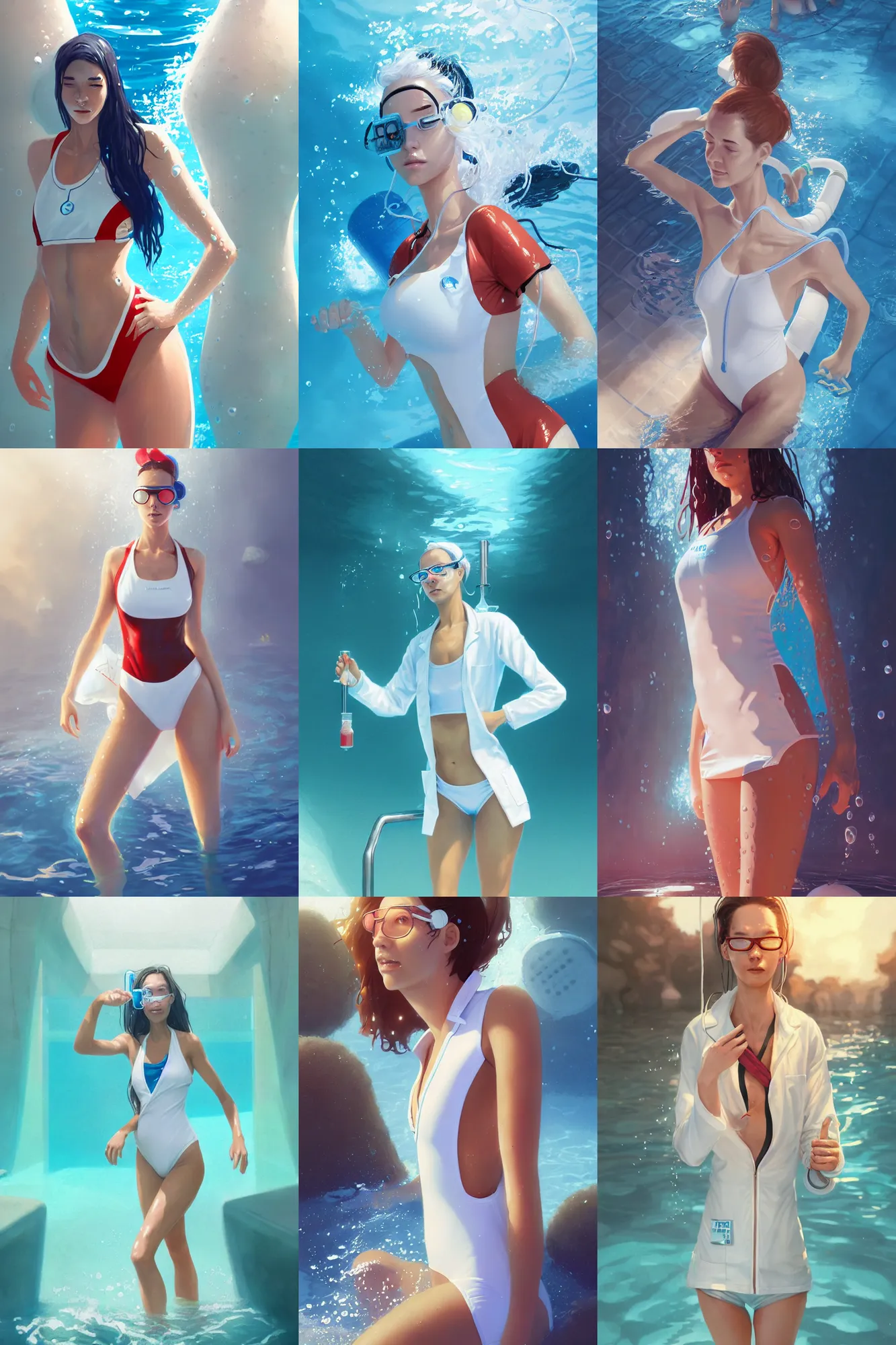 Prompt: color portrait of an attractive scientist girl in the pool, white science shirt(white lab coat) and closed one-piece swimsuit monokini under shirt, wet scientific coat in the pool, by Jordan Grimmer and greg rutkowski, Trending artstation, cinematográfica, digital Art
