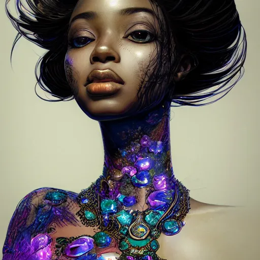 Prompt: the portrait of the absurdly beautiful, graceful, elegant, gorgeous, sensual black young anime goddess made of crystals, an ultrafine hyperdetailed illustration by kim jung gi, irakli nadar, super intricate linework, ultra bright colors, octopath traveler, final fantasy, unreal engine 5 highly rendered, global illumination, radiant light, intricate environment