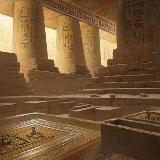 Image similar to an ancient egyptian treasure room entirely made of gold, concept art, architecture design, pyramids, art by greg rutkowski